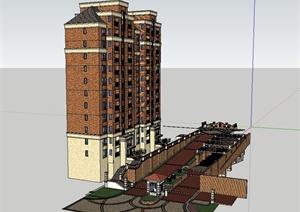 某欧式风格小区入口大门及住宅楼建筑楼设计SU(草图大师)模型