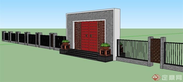 中式镂空大门及围墙su模型(2)