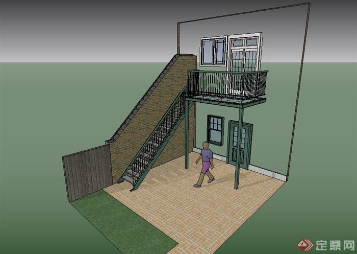 某现代风格住宅建筑楼梯栏杆、围墙、门窗组合设计su模型(1)