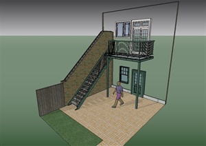 某现代风格住宅建筑楼梯栏杆、围墙、门窗组合设计SU(草图大师)模型