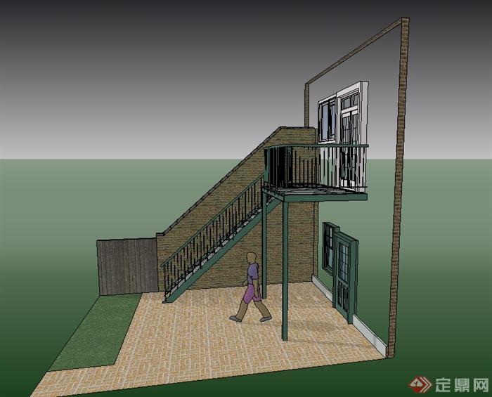 某现代风格住宅建筑楼梯栏杆、围墙、门窗组合设计su模型(3)