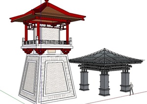 两款中式景观亭、观景台设计SU(草图大师)模型