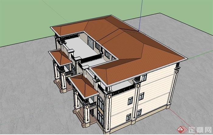 某欧式风格住宅别墅建筑SU模型设计包含CAD方案图PDF文档(19)