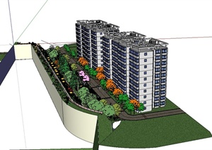 某现代风格小区住宅楼及护坡景观设计SU(草图大师)模型
