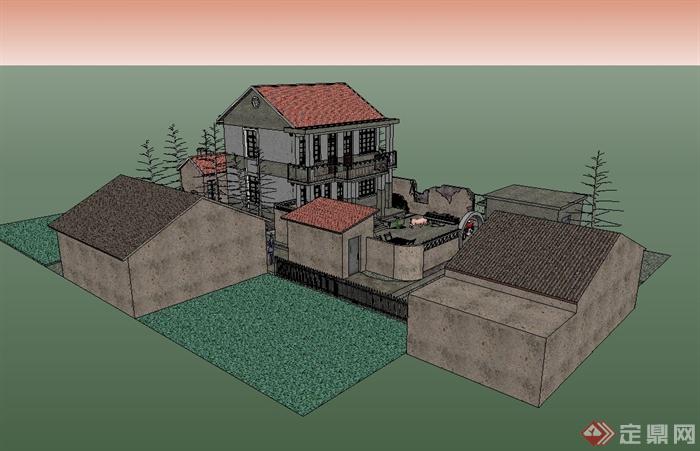 現代中式風格農村住宅房建築設計su模型[原創]