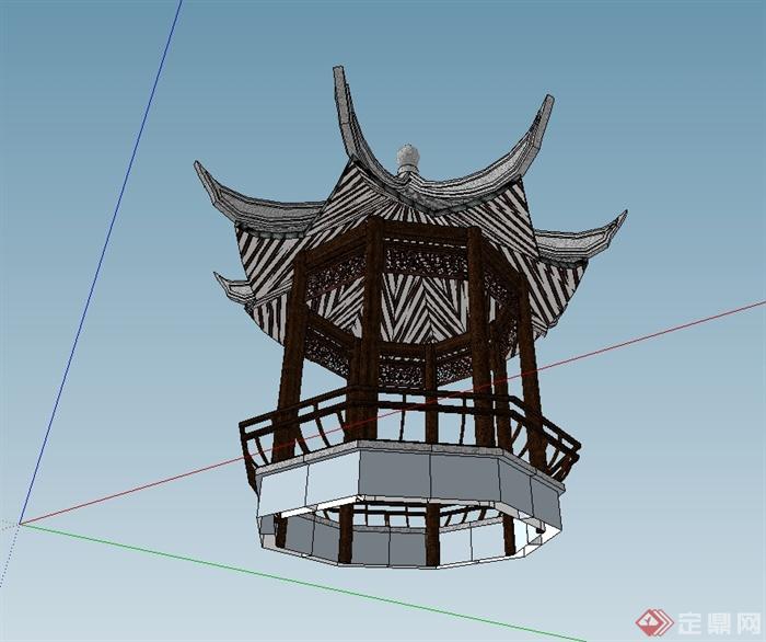 古典中式风格八角凉亭设计su模型(3)