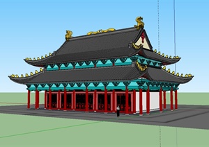 古典中式风格完整大雄宝殿建筑楼设计SU(草图大师)模型