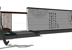 现代简约中式文化景墙及水池SU(草图大师)模型