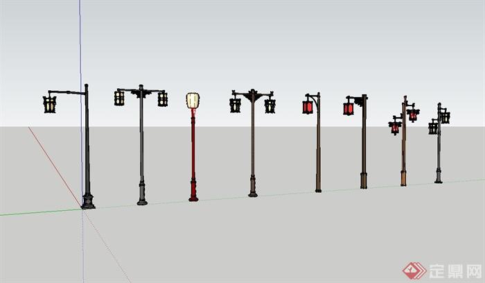 多个现代中式风格铁艺路灯设计su模型(1)
