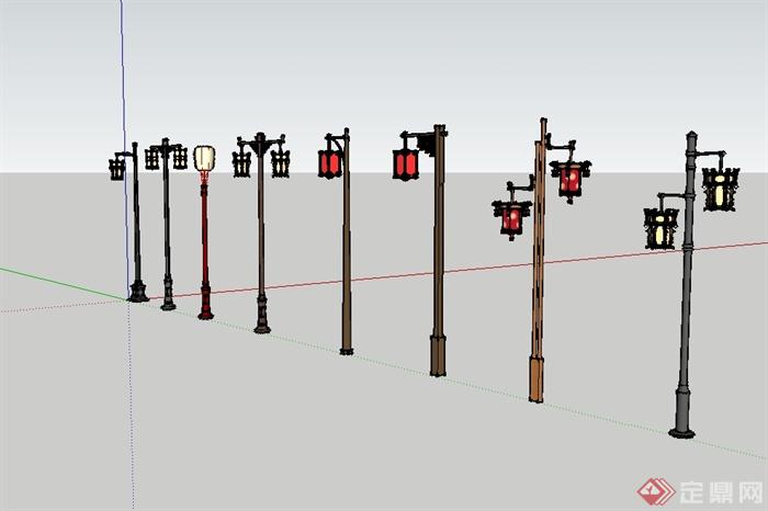 多个现代中式风格铁艺路灯设计su模型(2)