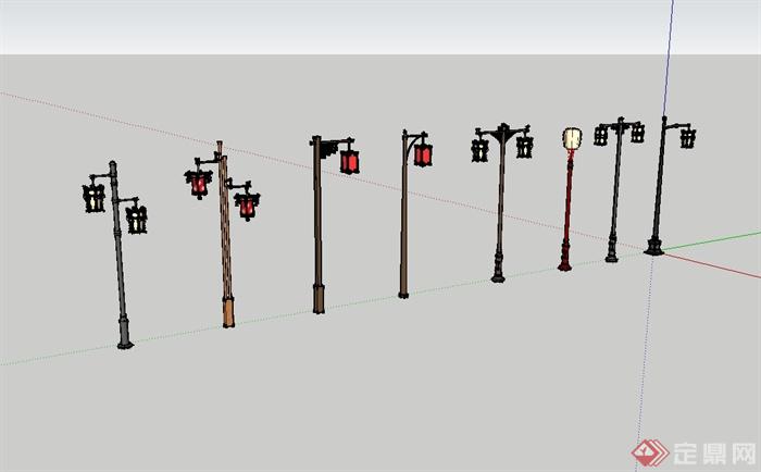 多个现代中式风格铁艺路灯设计su模型(3)