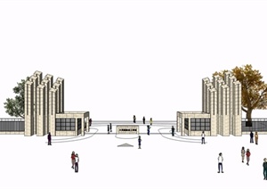 某现代风格技工学校大门设计SU(草图大师)模型