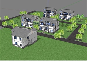 现代中式风格新农村住宅建筑楼设计SU(草图大师)模型