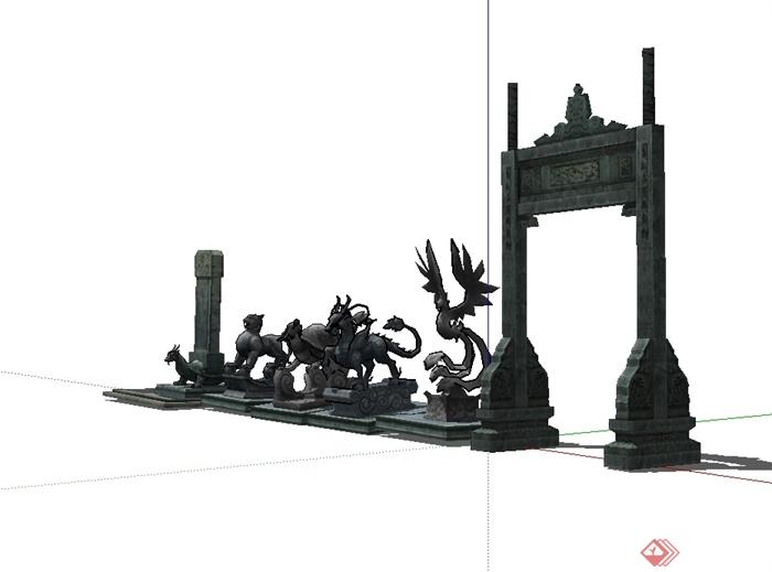 某古典中式风格青龙、朱雀、玄武、白虎雕塑及门设计SU模型(4)