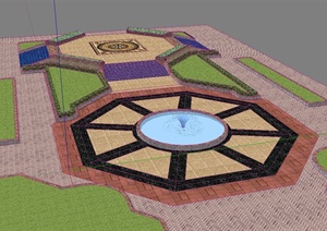 某现代风格规则式广场喷泉绿地景观设计SU(草图大师)模型