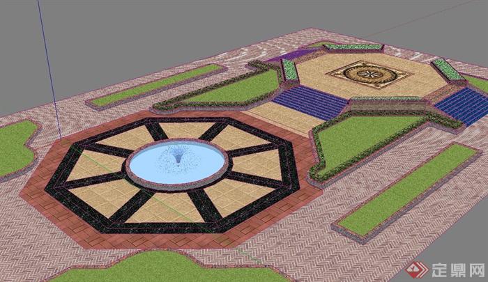 某现代风格规则式广场喷泉绿地景观设计su模型(2)