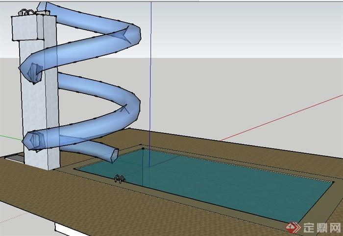 简约矩形泳池及滑梯su模型(2)