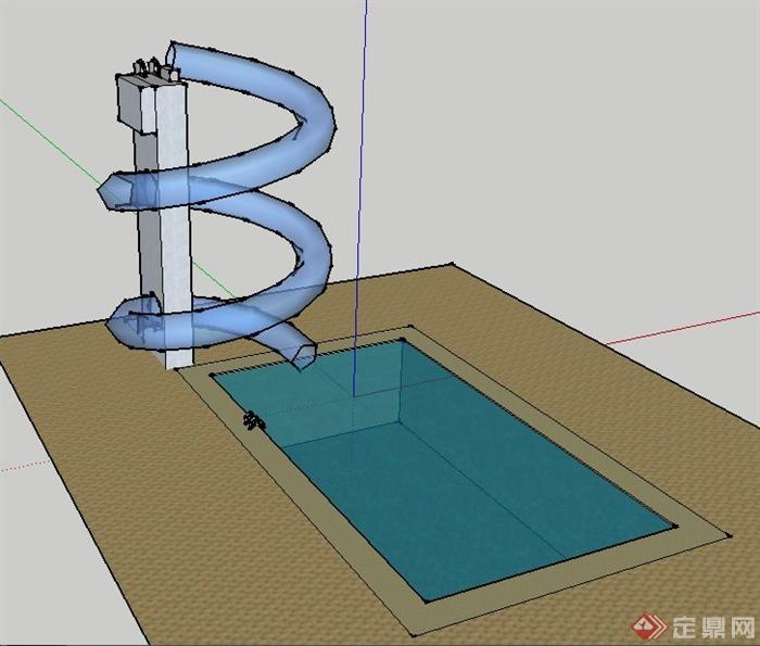 简约矩形泳池及滑梯su模型(3)
