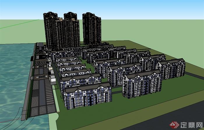 某休宁中式完整小区及商业街建筑楼设计su模型(1)