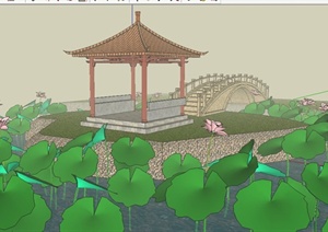 中式凉亭、荷花池、园桥组合SU(草图大师)模型