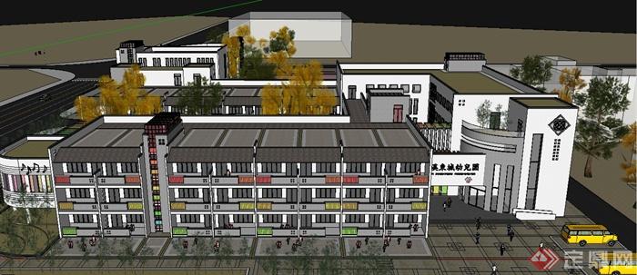 某现代中式风格徽派幼儿园以及社区服务中心建筑设计SU模型(3)