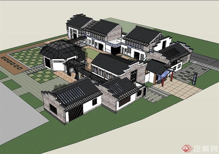 现代中式风格详细幼儿园建筑楼设计su模型(1)