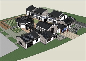 现代中式风格详细幼儿园建筑楼设计SU(草图大师)模型