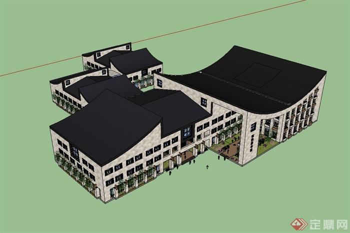 某日式风格详细精致图书馆建筑楼设计su模型(1)