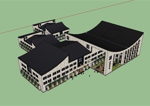 某日式风格详细精致图书馆建筑楼设计SU(草图大师)模型