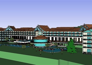 东南亚风格五星级酒店建筑设计SU(草图大师)模型