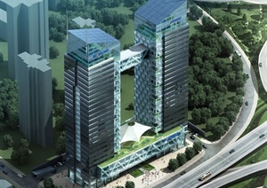 现代风格双子塔办公建筑大楼设计SU(草图大师)模型及效果图