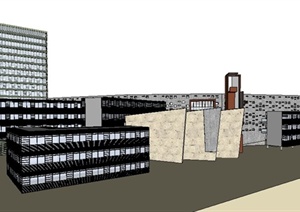 现代教学楼、办公楼建筑体及风雨操场SU(草图大师)模型