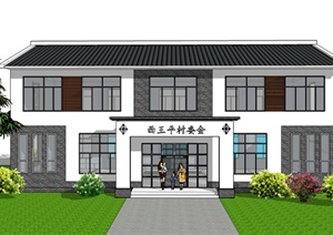 新中式村委会建筑楼设计SU(草图大师)模型及cad方案
