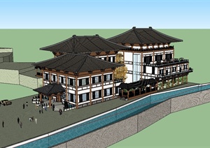 某古典中式大唐风格酒店建筑楼设计SU(草图大师)模型