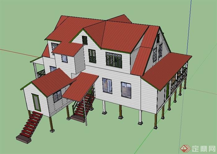 简约英式架空别墅建筑设计su模型(4)