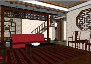 中式复式客厅室内装修设计SU(草图大师)模型