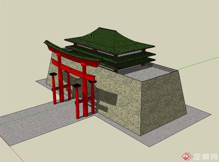 日式风格城门建筑设计su模型(2)