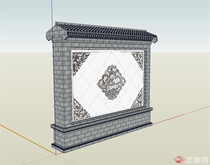 某现代中式风格砖砌景墙设计su模型(2)