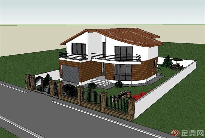 美式私人庭院别墅建筑设计su模型(1)