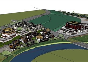 现代中式风格度假村建筑楼设计SU(草图大师)模型