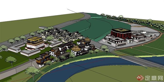 现代中式风格度假村建筑楼设计su模型(1)