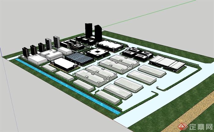 某现代风格科技产业园的规划图及建筑设计SU模型(3)