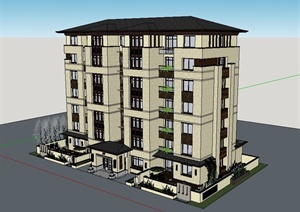 新中式多层住宅公寓楼建筑设计SU(草图大师)模型