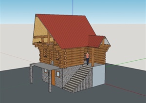 某欧式风格圆木小屋建筑设计SU(草图大师)模型