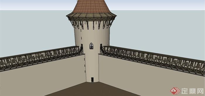 某欧式风格城墙塔楼建筑设计SU模型(2)