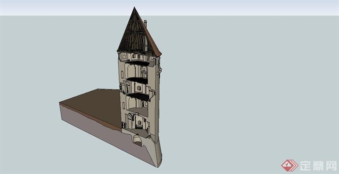某欧式风格城墙塔楼建筑设计SU模型(4)
