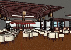 现代中式风格超精细餐厅空间设计SU(草图大师)模型