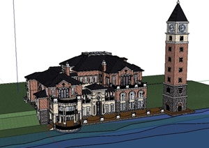某欧式别墅建筑楼设计SU(草图大师)模型及钟塔设计