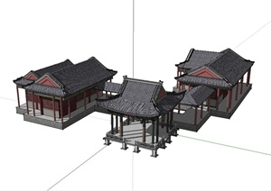 某古典中式风格单层古建筑、亭、长廊设计SU(草图大师)模型