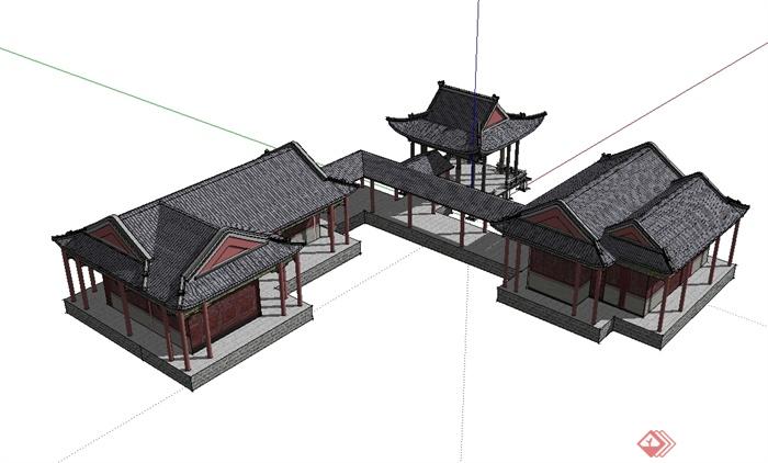 某古典中式风格单层古建筑、亭、长廊设计su模型(3)